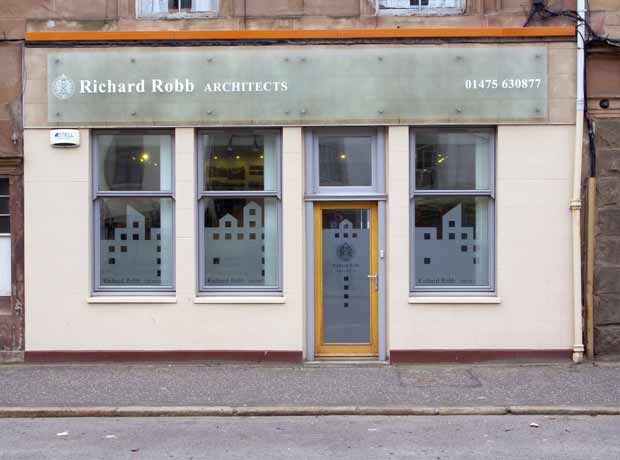 Richard Robb Architects studio frontage with sign and glass detailing
