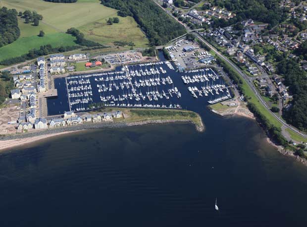 Aerial view of Kip Marina showing breakwater and pontoons
