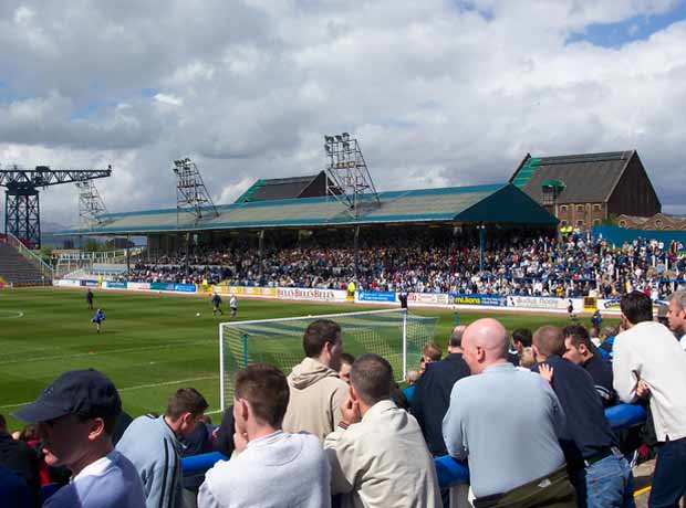 Crowds using spectator stands at Cappielow Stadium